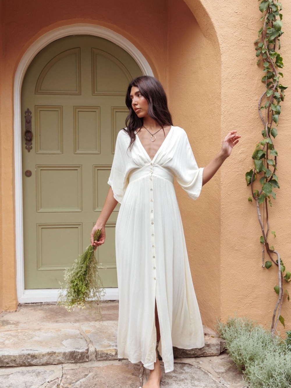 White Button-Front Maxi Dress with V-Neck